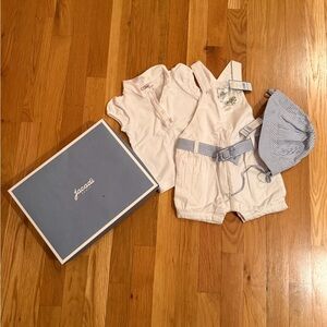 Jacadi White Cotton Baby Shortall with Blue-Striped Hat
